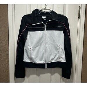 Vtg Miken Track Jacket Y2K Sporty Zip Up Color block Black White Women (Jr) Med